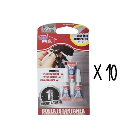 SET 10 CONFEZ. COLLA CIANOACRILICO 3X1GR TOTALE 30 TUBETTI DA 1GR.