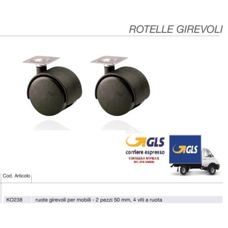 SET DI 2 RUOTE GIREVOLI UNIVERSALI DIAM. 50MM , 4 FORI DI FISSAGGIO