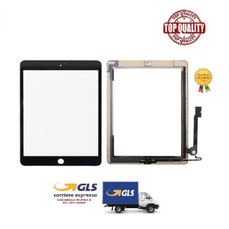 TOUCH SCREEN PER APPLE IPAD 4 NERO A1458 A1459 COMPLETO TASTO HOME CHIP E BIADESIVO.