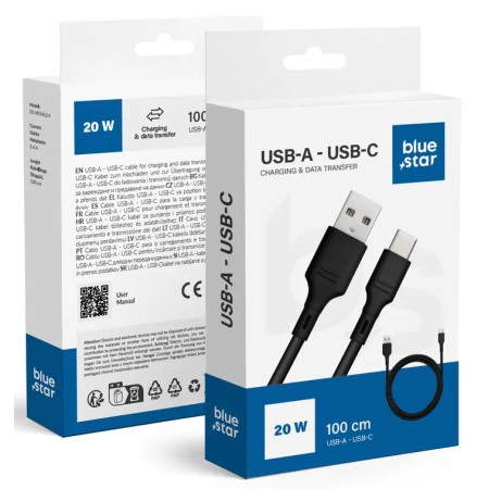 CAVO BLUE STAR DA 3A CON CONNETTORE USB-A -- TIPO-C ,DC-001 AC3.0  1MT. NERO